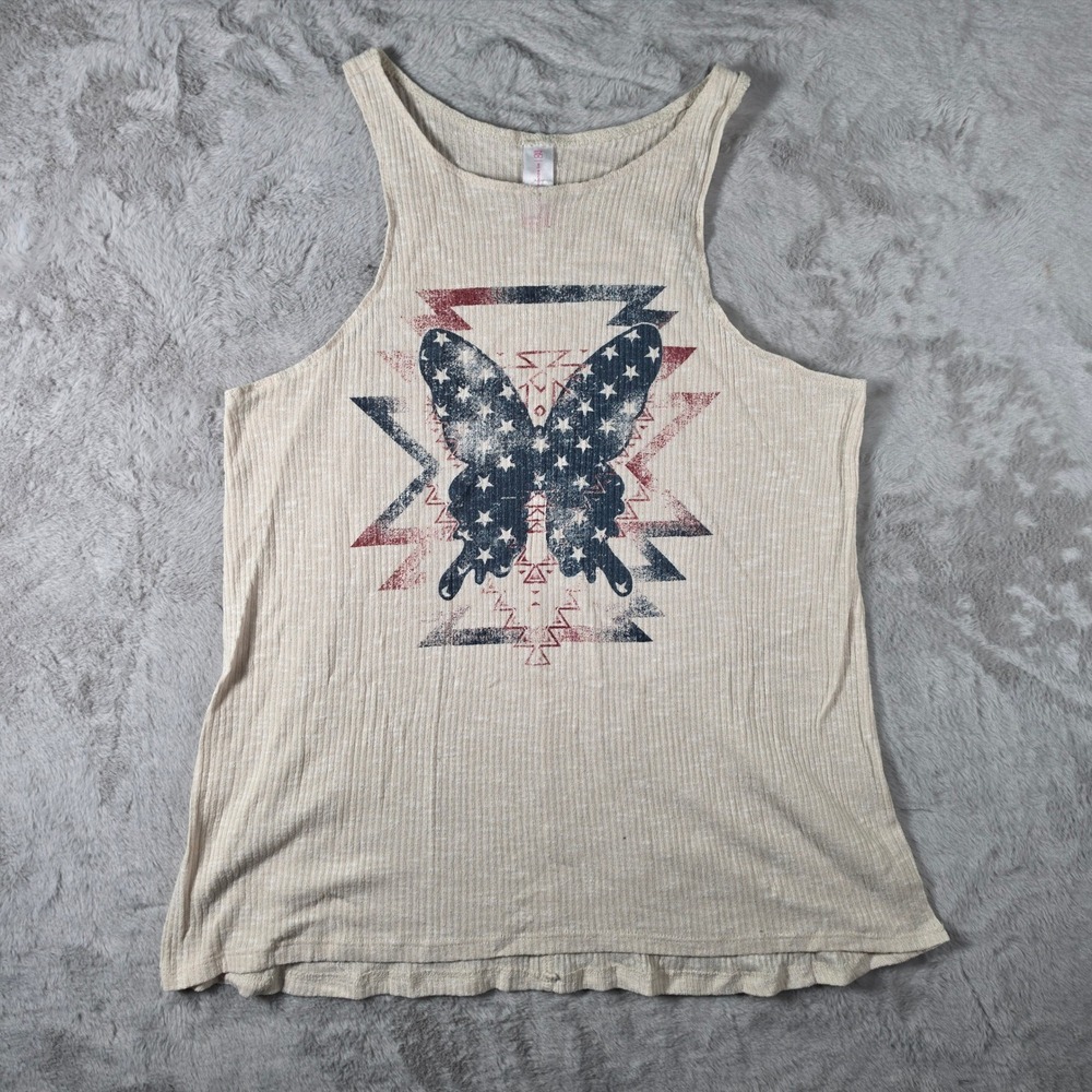 No Boundaries Tank Top Women M Beige Butterfly Americana Ribbed Graphic Tee